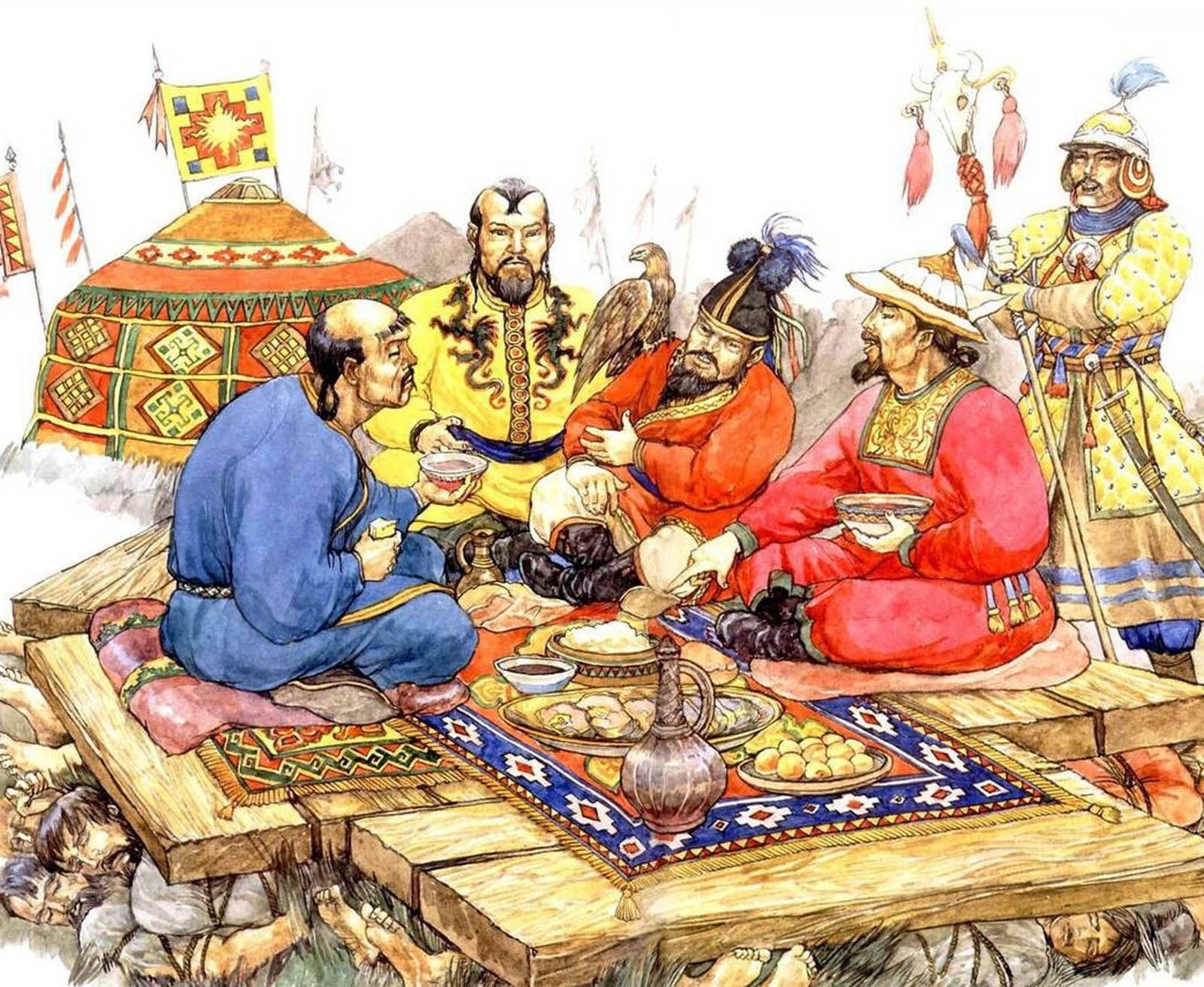 Какие народы были в золотой орде. Пир монголов на реке Калка. Татаро-монгольский пир. Монголы татары Золотая Орда.